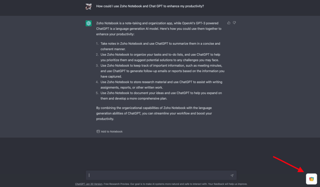 Screen shot of ChatGPT showing where the Zoho Notebook extention logo is.