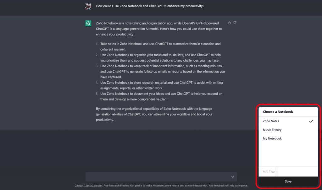 ChatGPT screen shot showing the save options when saving to Zoho Notebook